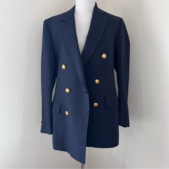 Vintage Navy Double-Breasted Blazer Preppy with Bold Gold crest-style buttons - Picture 1 of 11